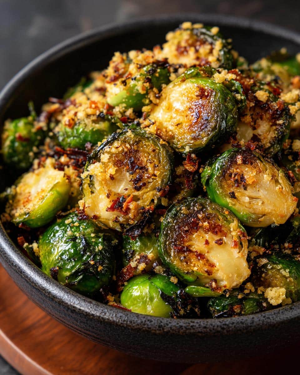 Close-up of a bowl of Crispy Brussels Sprouts, roasted and topped with breadcrumbs.