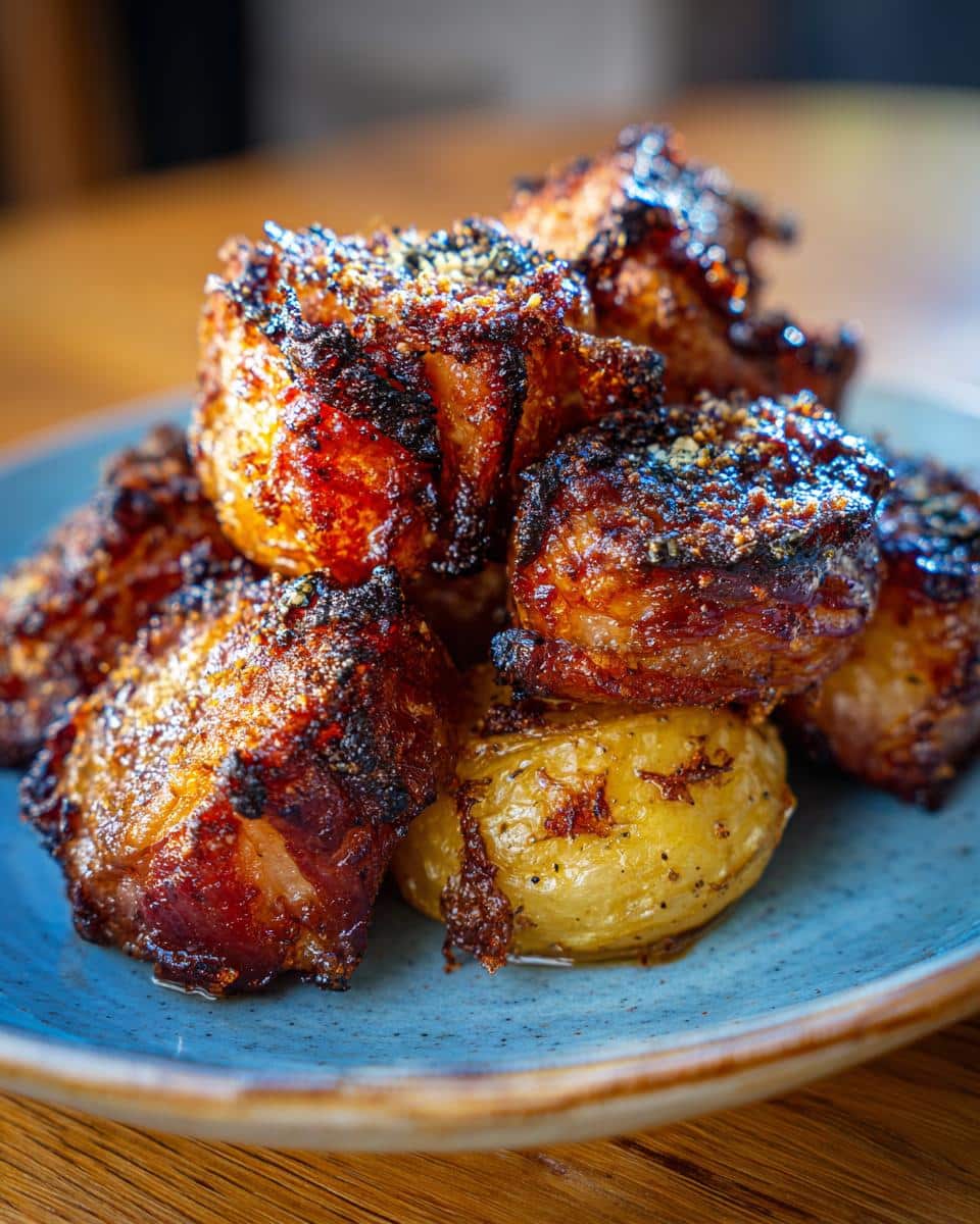 Pile of Crispy Parmesan Roast Potatoes on a blue plate, showing golden-brown color and parmesan crust.