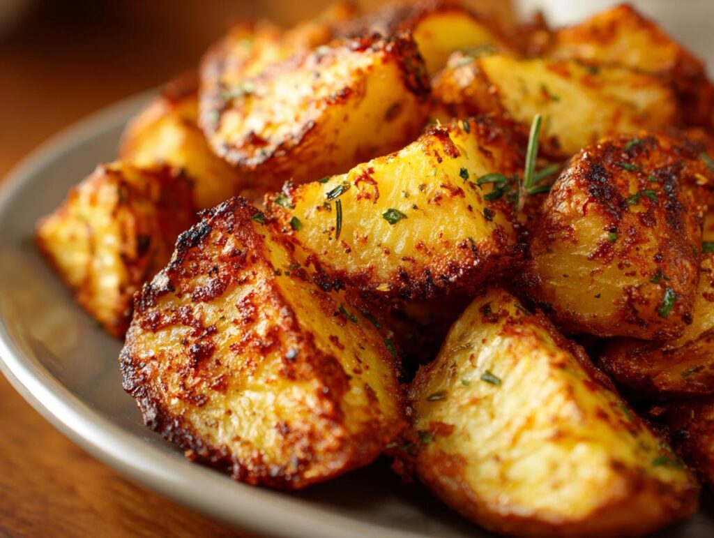 Close-up of golden Crispy Parmesan Roast Potatoes, seasoned with herbs, served on a gray plate.