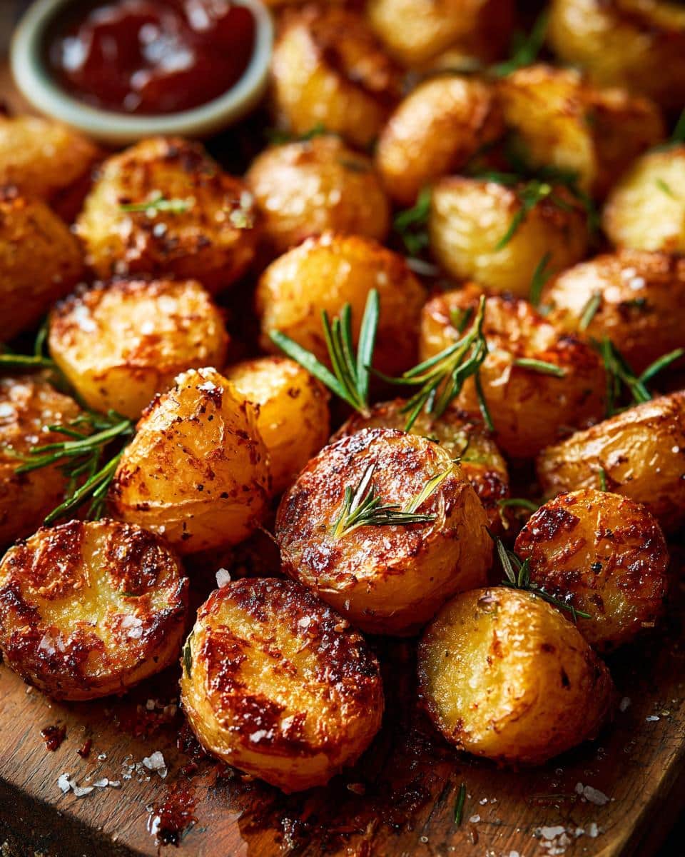 Close-up of golden Crispy Parmesan Roast Potatoes seasoned with rosemary and sea salt, served with a dipping sauce.