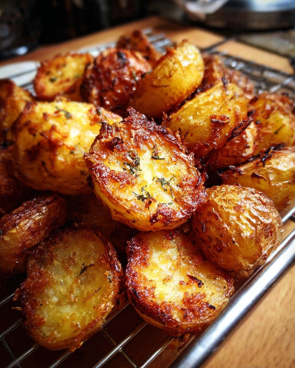 Close-up of golden Crispy Parmesan Roast Potatoes cooling on a wire rack, showing their crispy texture and herb garnish.