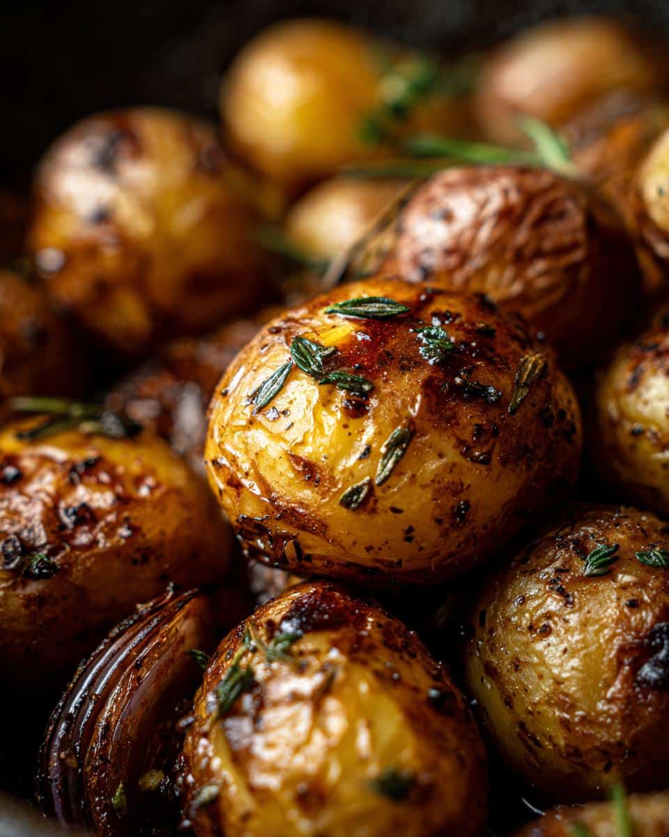 A close-up of Crispy Parmesan Roast Potatoes, golden brown and garnished with herbs, showcasing their texture.
