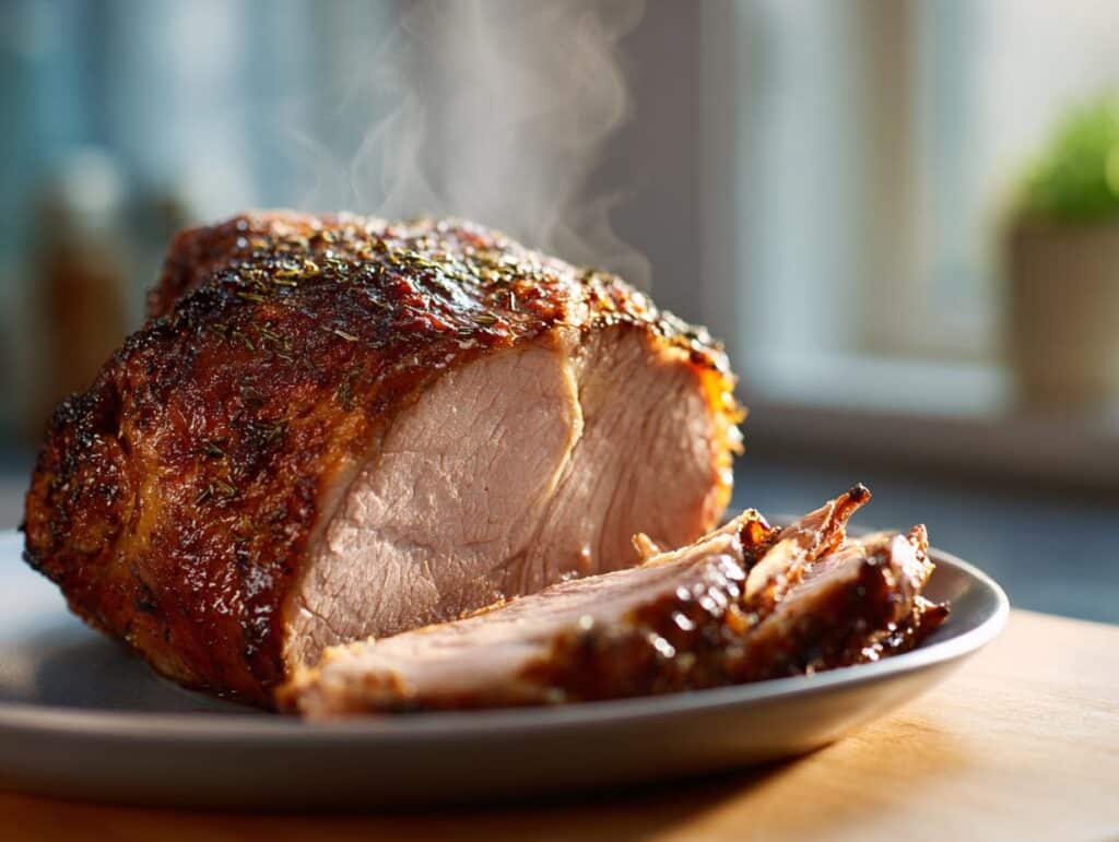 A perfectly cooked Crockpot Turkey Breast, sliced and ready to serve, steaming on a plate.