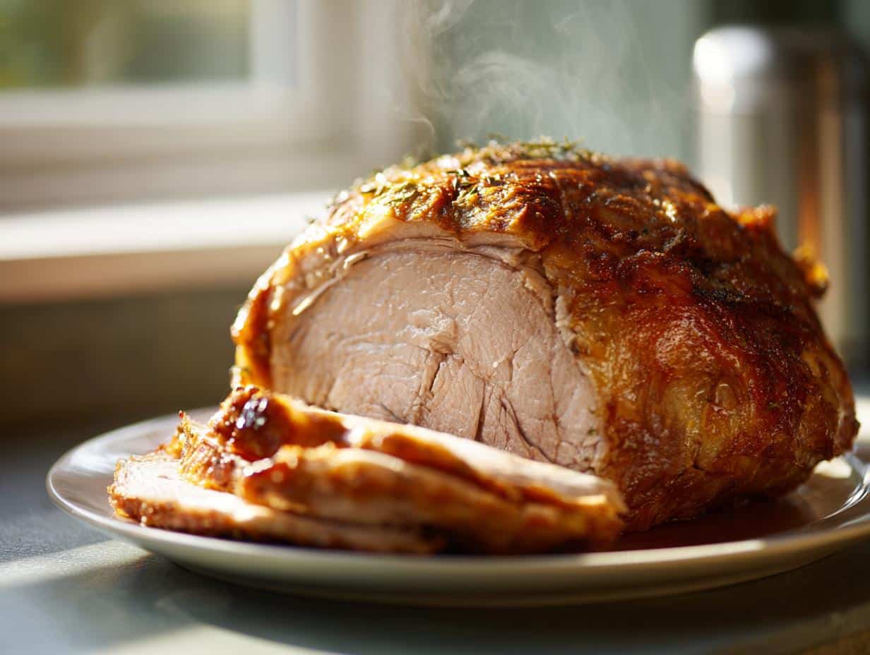 A sliced Crockpot Turkey Breast with golden-brown skin, steaming on a plate, ready to serve.