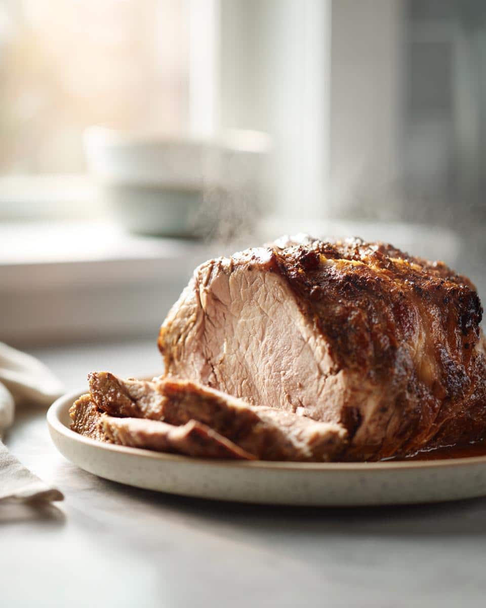 A juicy Crockpot Turkey Breast, sliced and plated, steaming and ready to serve.