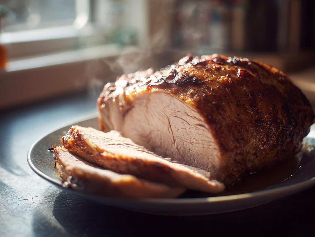 Sliced Crockpot Turkey Breast on a plate, showing the juicy meat and crispy skin.