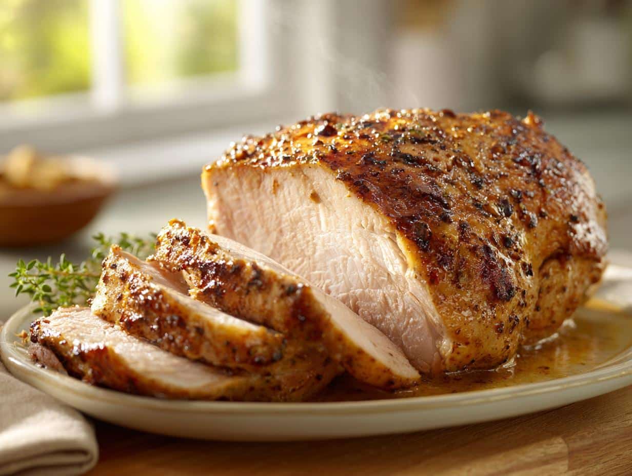 Sliced Crockpot Turkey Breast on a plate, showcasing its golden-brown crust and moist interior.