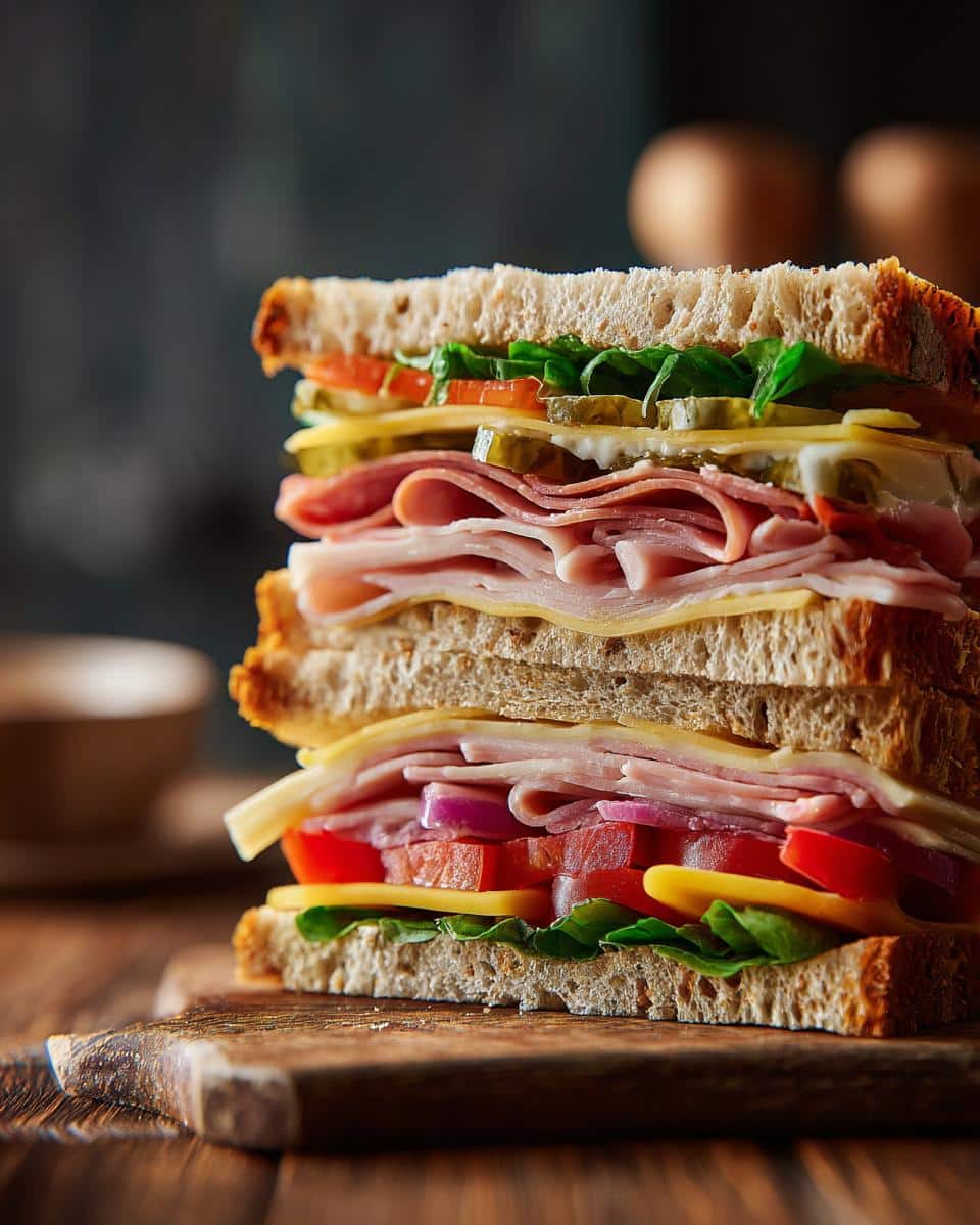 A tall cross-section sandwich featuring layers of ham, cheese, tomatoes, lettuce, pickles, and onions on toasted bread.