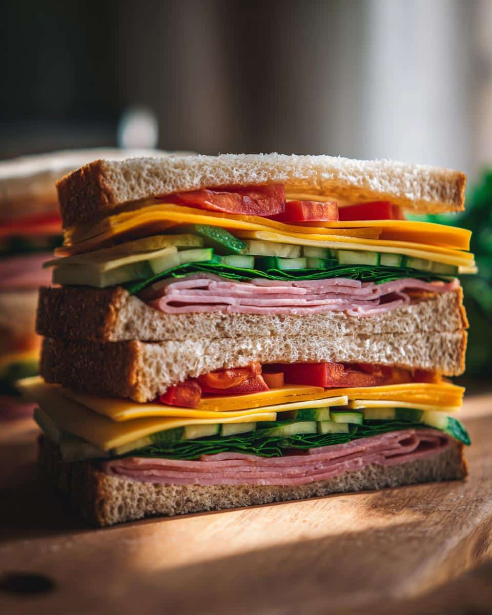 Detailed cross-section sandwich showing layers of ham, cheese, cucumbers, tomatoes, and lettuce between slices of bread.