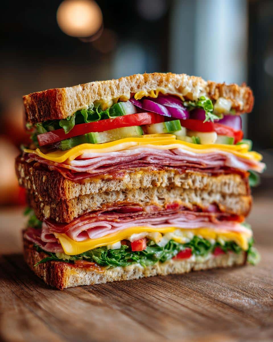 Tall cross-section sandwich with layers of meat, cheese, lettuce, tomato, cucumber, and red onion on toasted bread.