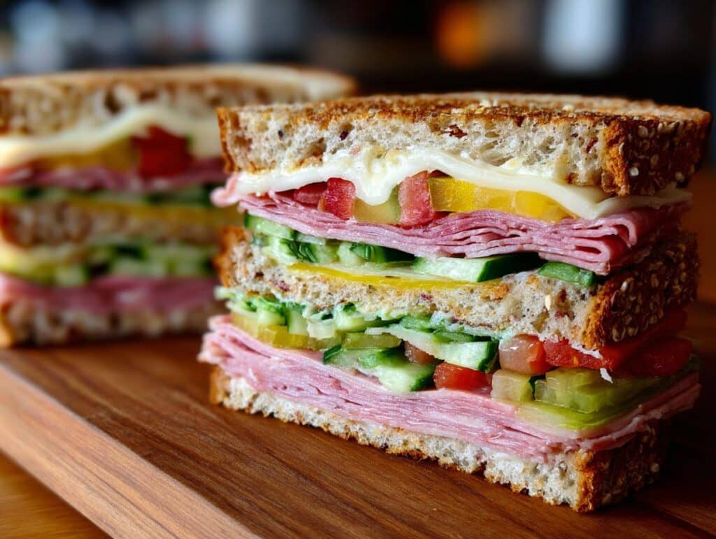 A delicious cross-section sandwich with ham, cheese, and vegetables stacked high on whole wheat bread.