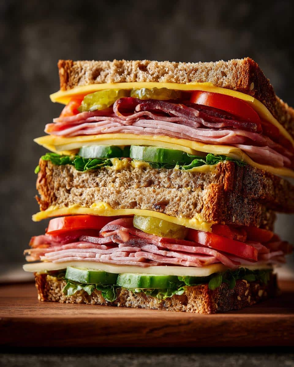 Tall cross-section sandwich with layers of ham, cheese, tomato, cucumber, and pickles on whole wheat bread.