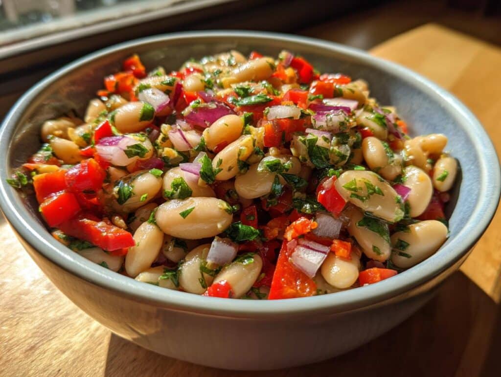 A bowl of vibrant Dense Bean Salad with white beans, red peppers, red onion, and herbs.
