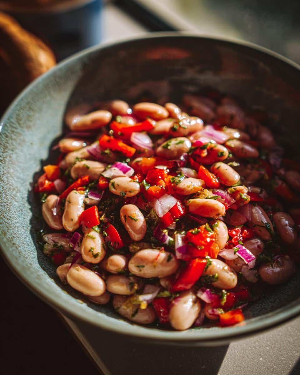Close-up of a vibrant Dense Bean Salad in a blue bowl, featuring beans, red peppers, and red onions.