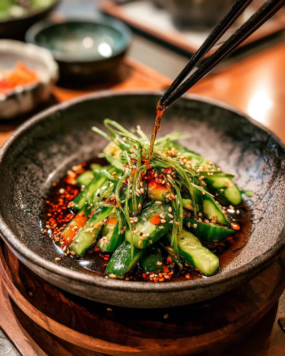 Close-up of Din Tai Fung Cucumber Salad being dressed with chopsticks, showing cucumbers, sesame seeds, and chili oil.