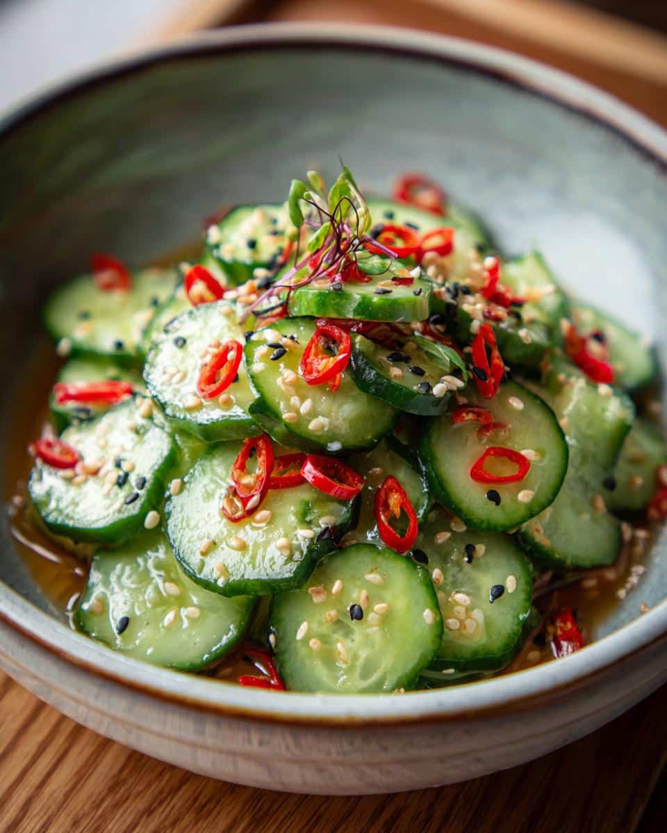 Close-up of Din Tai Fung Cucumber Salad with chili and sesame seeds in a ceramic bowl.