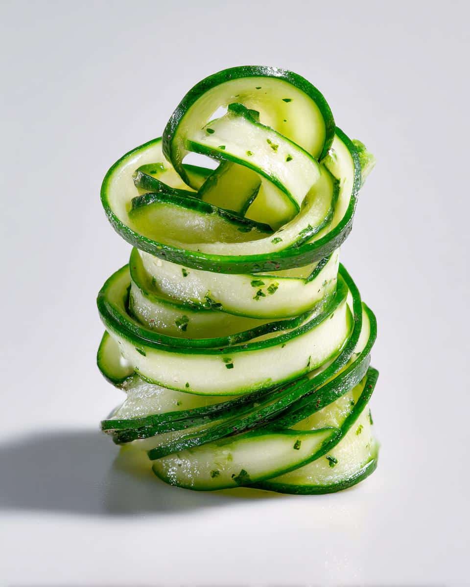 A beautiful stack of thinly sliced Din Tai Fung Cucumber Salad, garnished with herbs.