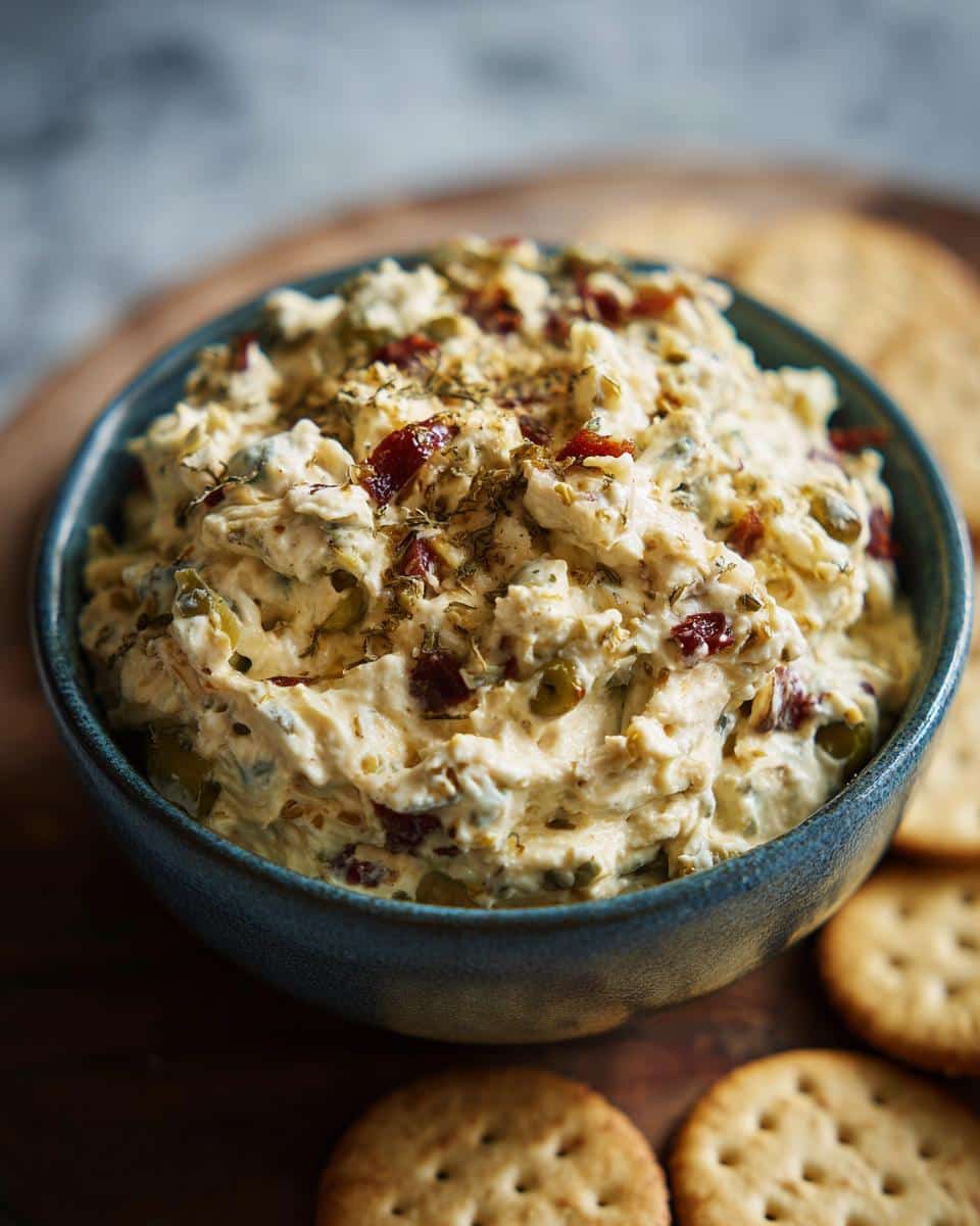 Close-up of dirty martini dip in a blue bowl, garnished with herbs and served with crackers.