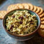 A bowl of dirty martini dip, garnished with olives and herbs, served with crackers.