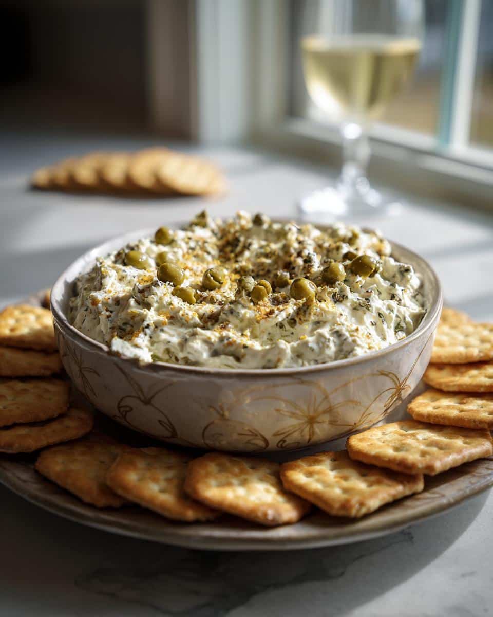 A bowl of dirty martini dip surrounded by crackers, garnished with olives and spices.
