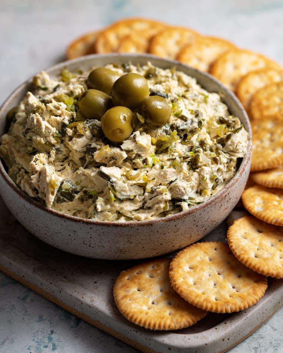 A bowl of dirty martini dip topped with olives, served with crackers on a stone board.