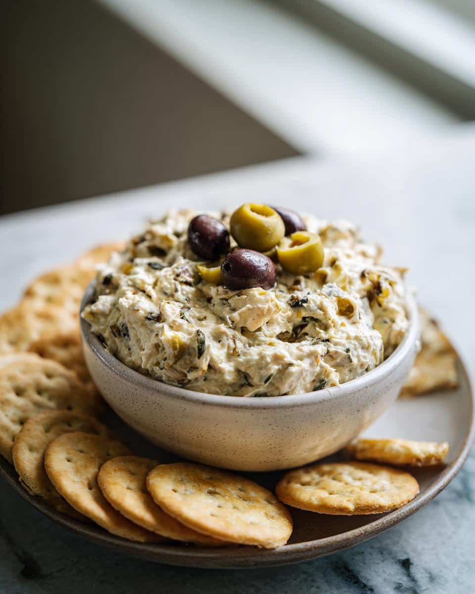 A bowl of dirty martini dip topped with olives, surrounded by crackers on a plate.