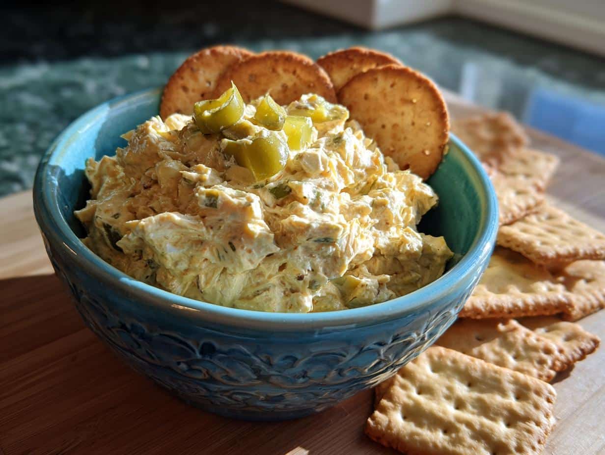 A bowl of dirty martini dip topped with olives, served with crackers on a wooden board.