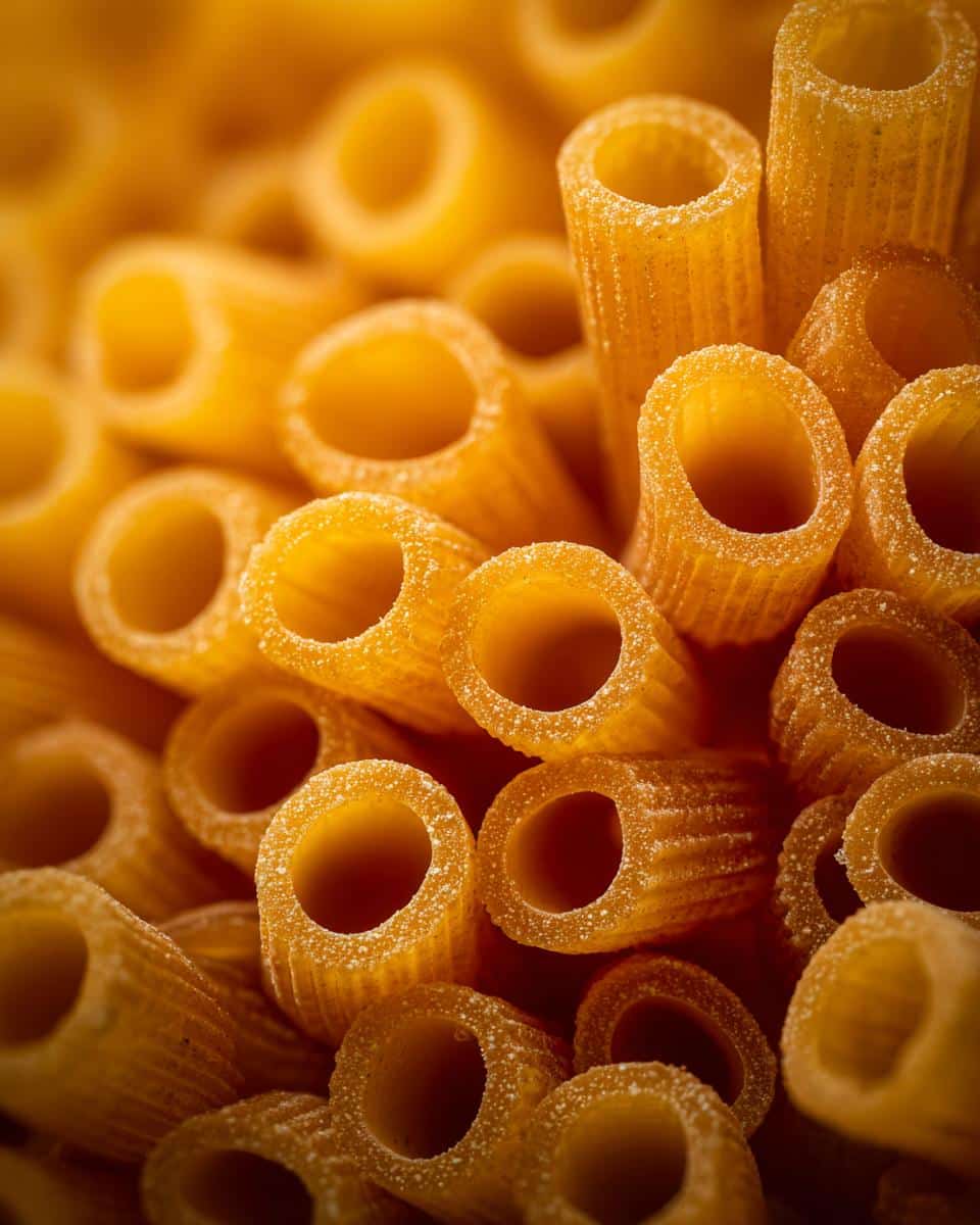 A close-up shot showing the texture and shape of uncooked Ditalini Pasta.