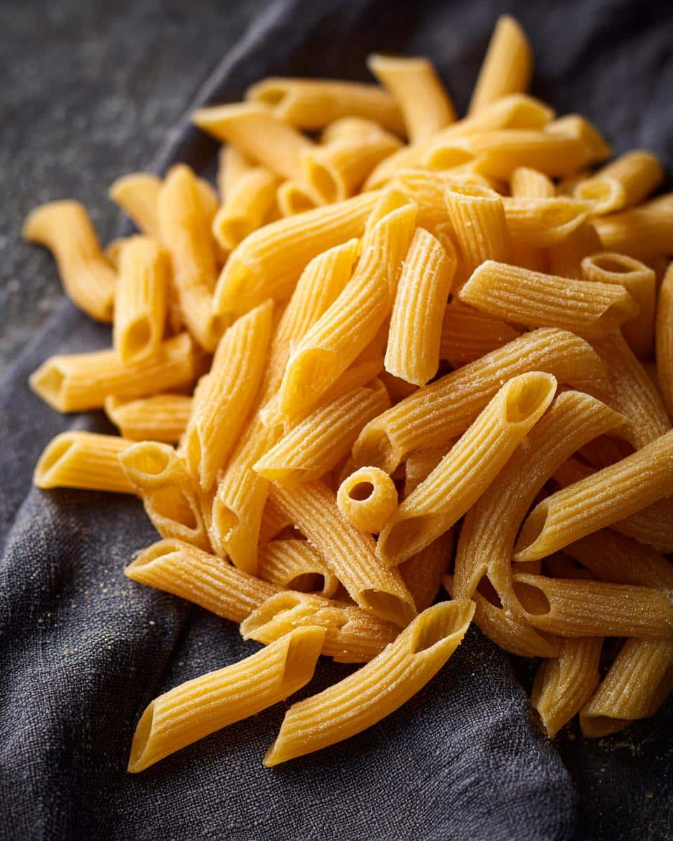 Close-up of a pile of uncooked Ditalini Pasta on a dark gray textured surface.