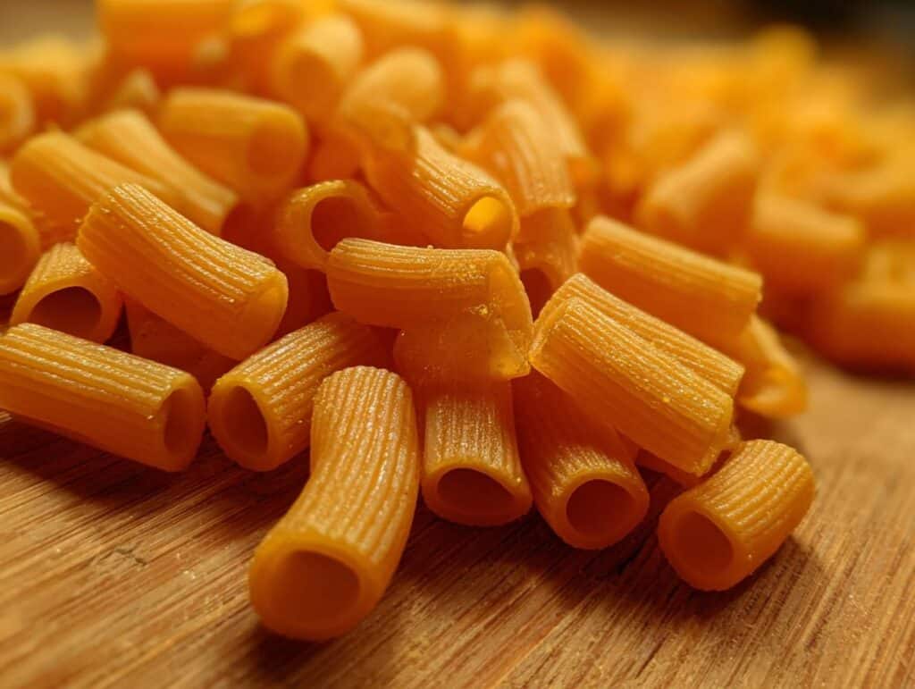 A close-up shows a pile of uncooked Ditalini Pasta on a wooden surface, highlighting its ridged texture and cylindrical shape.
