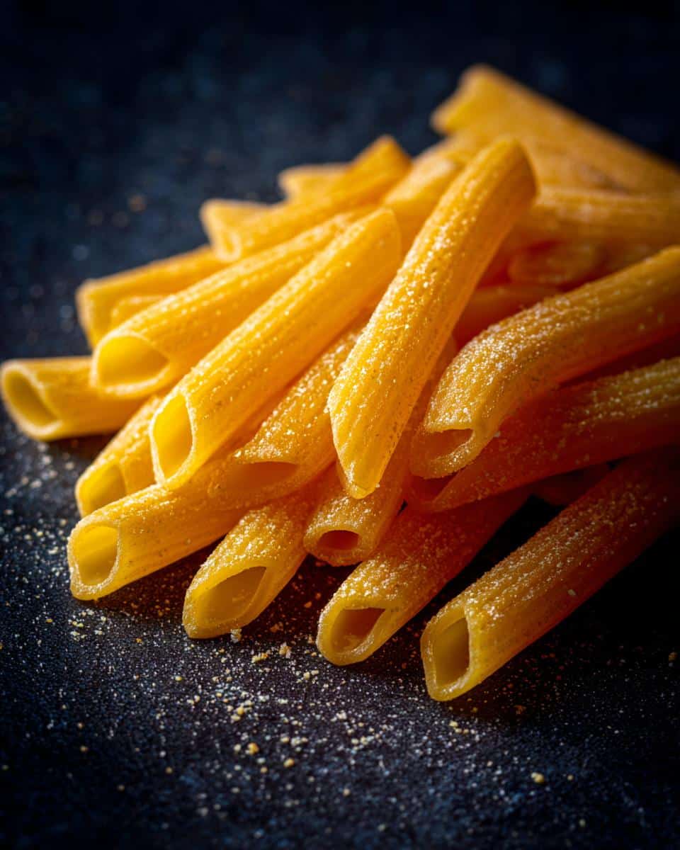 Close-up of uncooked Ditalini Pasta piled on a dark surface, showcasing its tubular shape and texture.