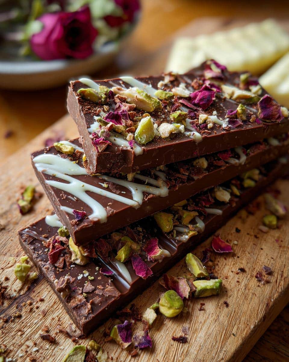 Stack of Dubai Chocolate bars topped with white chocolate drizzle, pistachios, and rose petals on a wooden board.