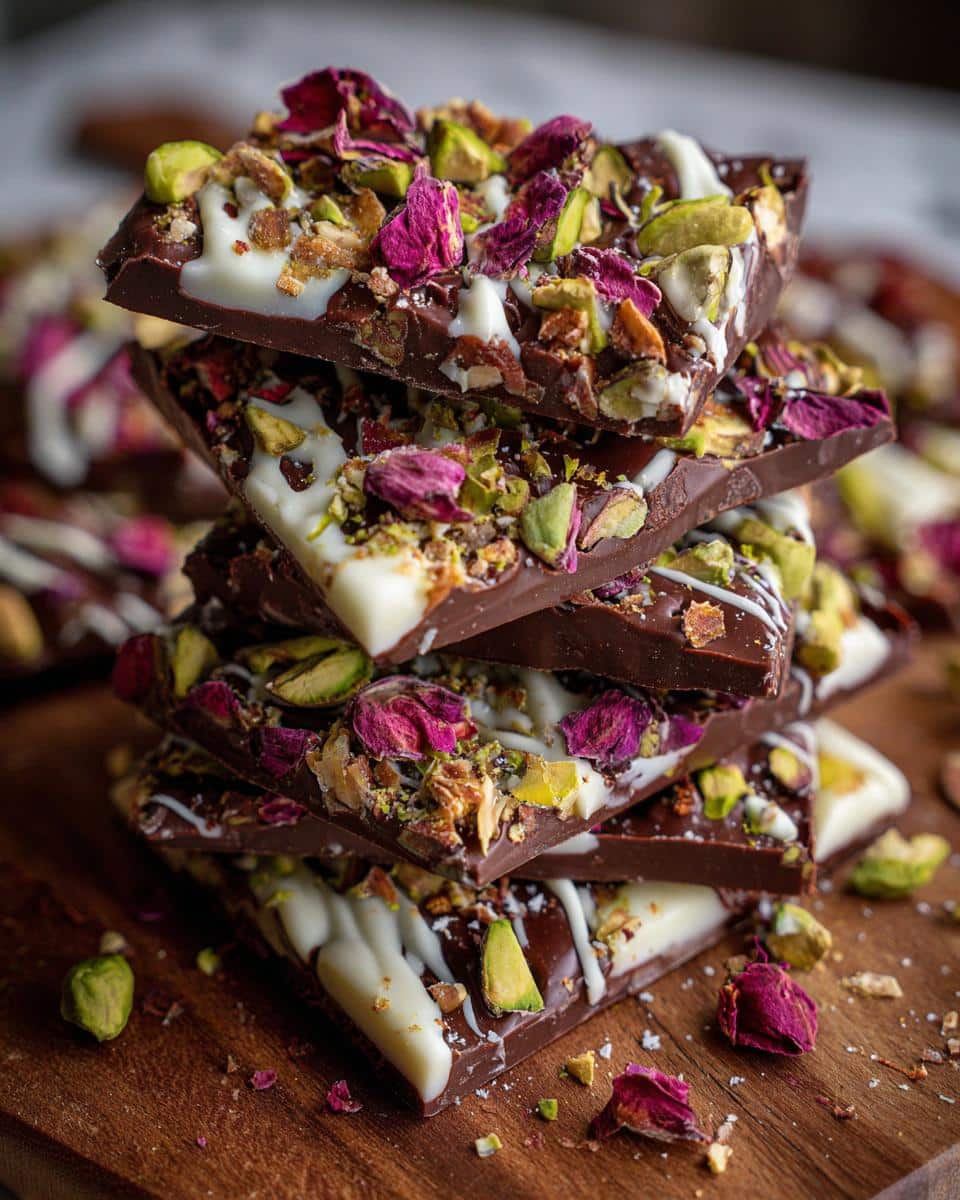 A stack of Dubai Chocolate bars topped with pistachios, rose petals, and a white chocolate drizzle.