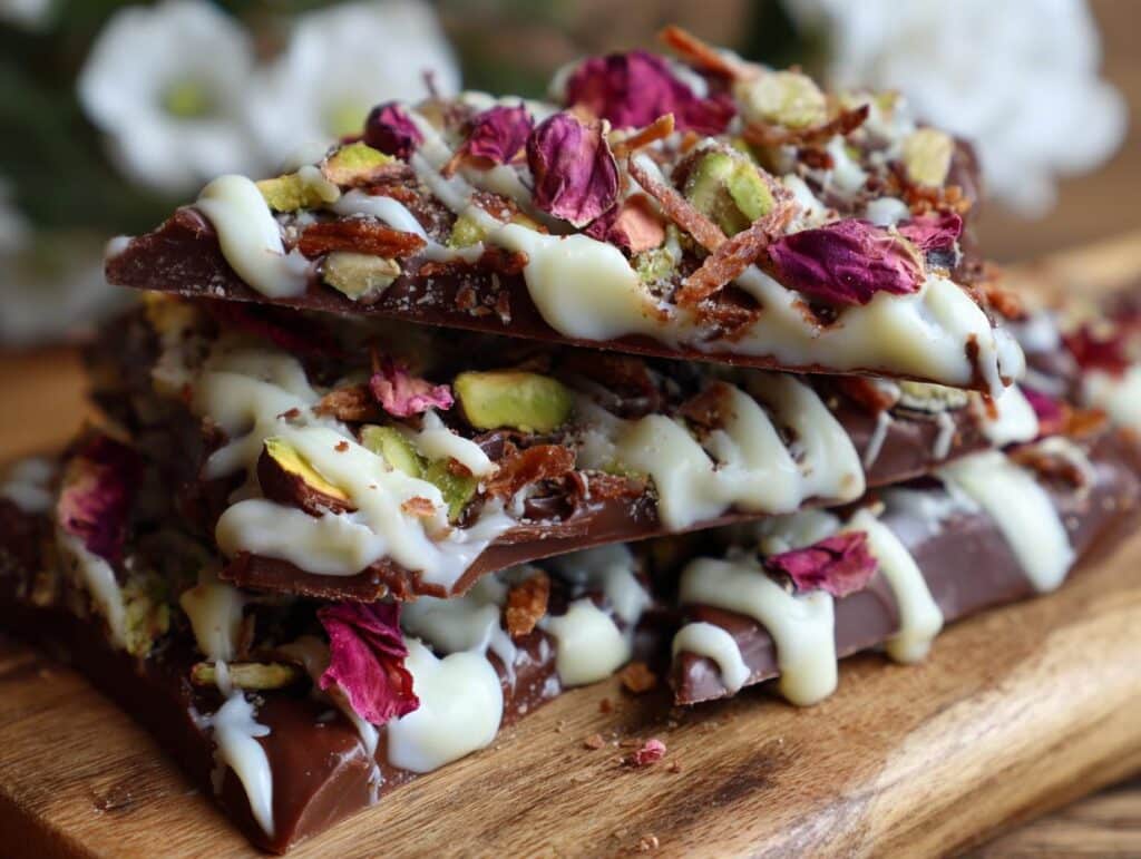 A stack of Dubai Chocolate bark topped with white chocolate drizzle, pistachios, and dried rose petals.