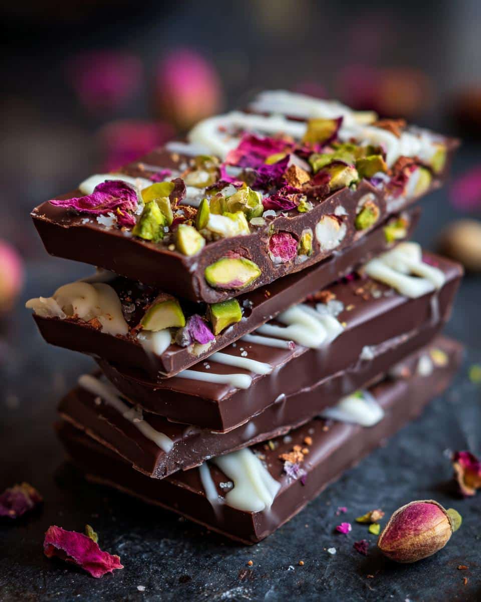 A stack of Dubai Chocolate bars topped with pistachios, rose petals, and a drizzle of white chocolate.