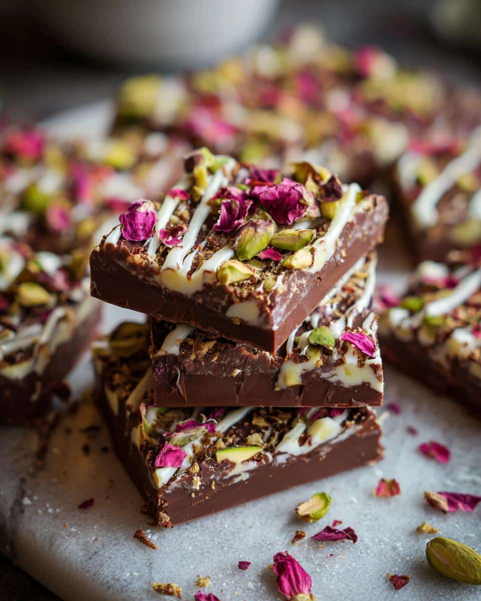 A stack of Dubai Chocolate pieces topped with pistachios, rose petals, and white chocolate drizzle.