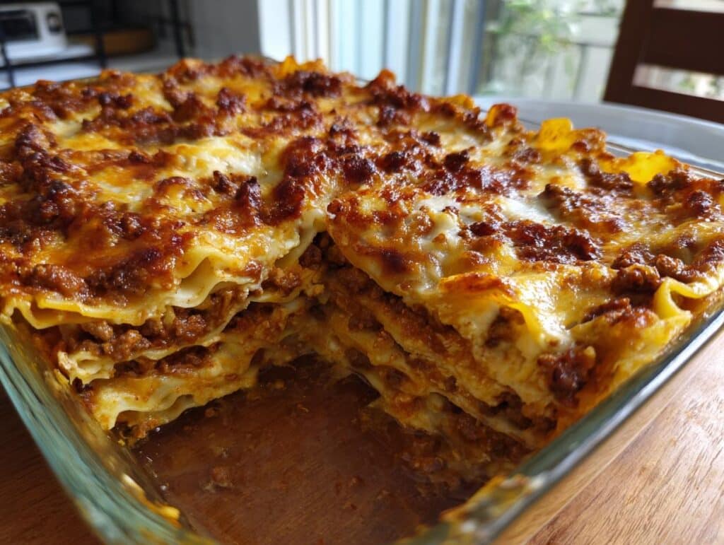 Close-up of a freshly baked Dumpling Bake (Wonton Casserole) with layers of wonton wrappers and savory filling.