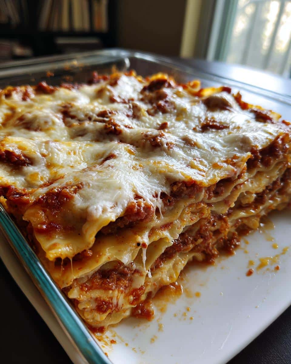 Close-up of a cheesy Dumpling Bake (Wonton Casserole) with layers of filling in a glass baking dish.