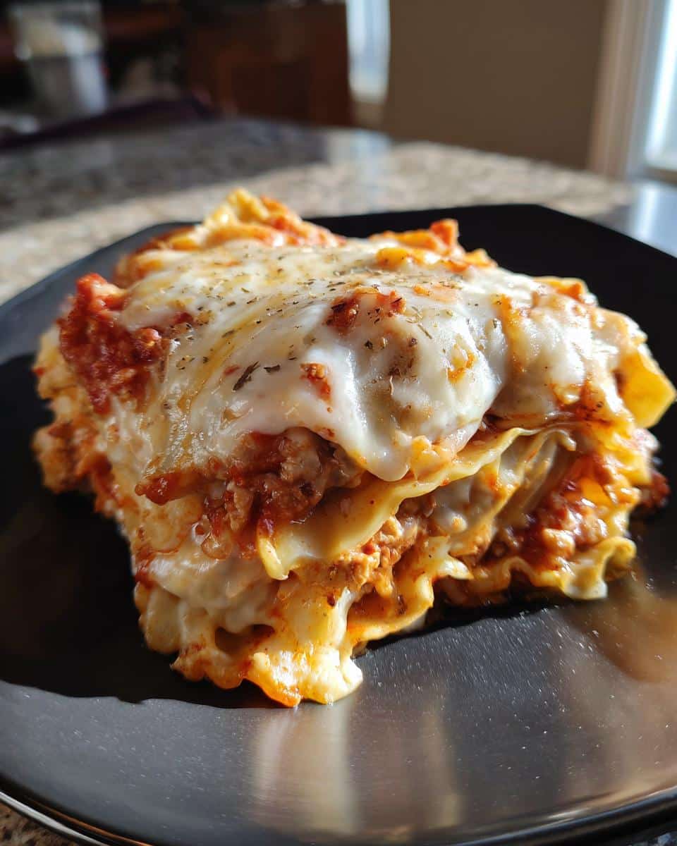 A delicious slice of Dumpling Bake (Wonton Casserole) with layers of wonton wrappers, meat sauce, and melted cheese.