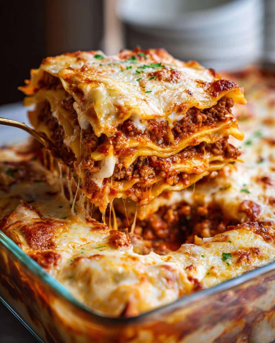 A slice of cheesy Dumpling Bake (Wonton Casserole) being lifted from a glass baking dish, with melted cheese.