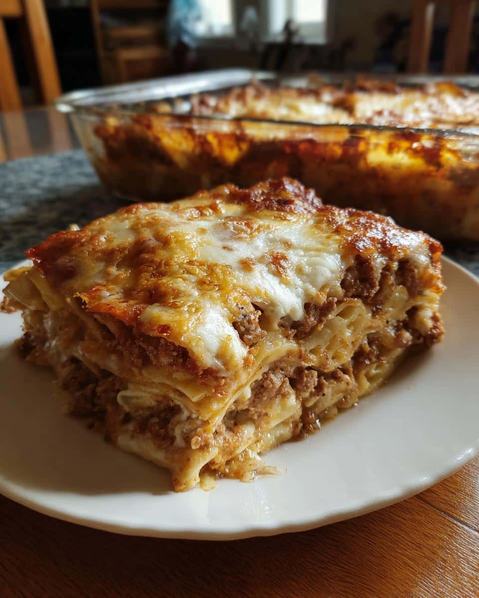 A slice of Dumpling Bake (Wonton Casserole) on a white plate, showcasing layers of wontons, meat, and cheese.