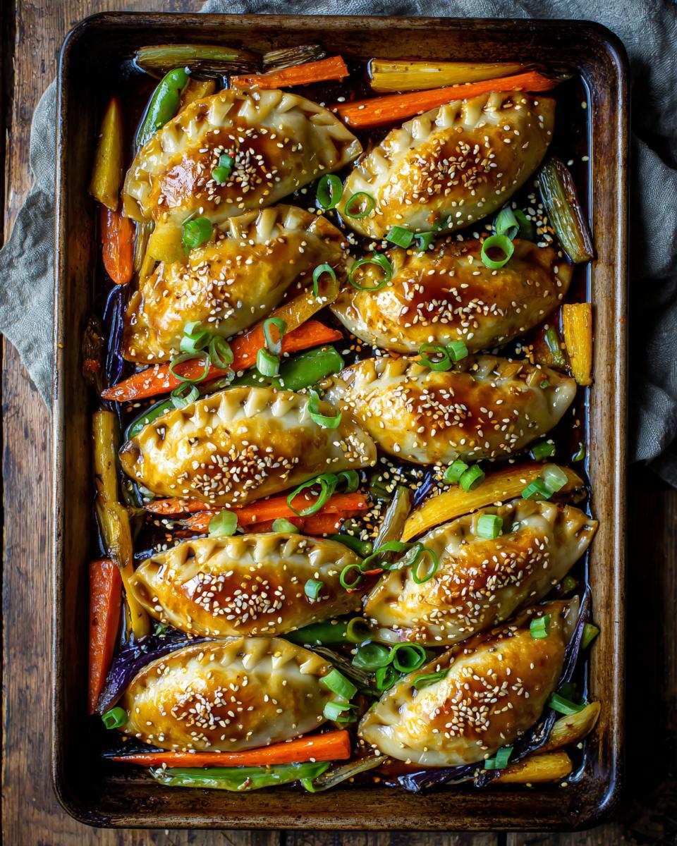 Overhead shot of a Dumpling Tray Bake with dumplings, carrots, and green onions, sprinkled with sesame seeds.