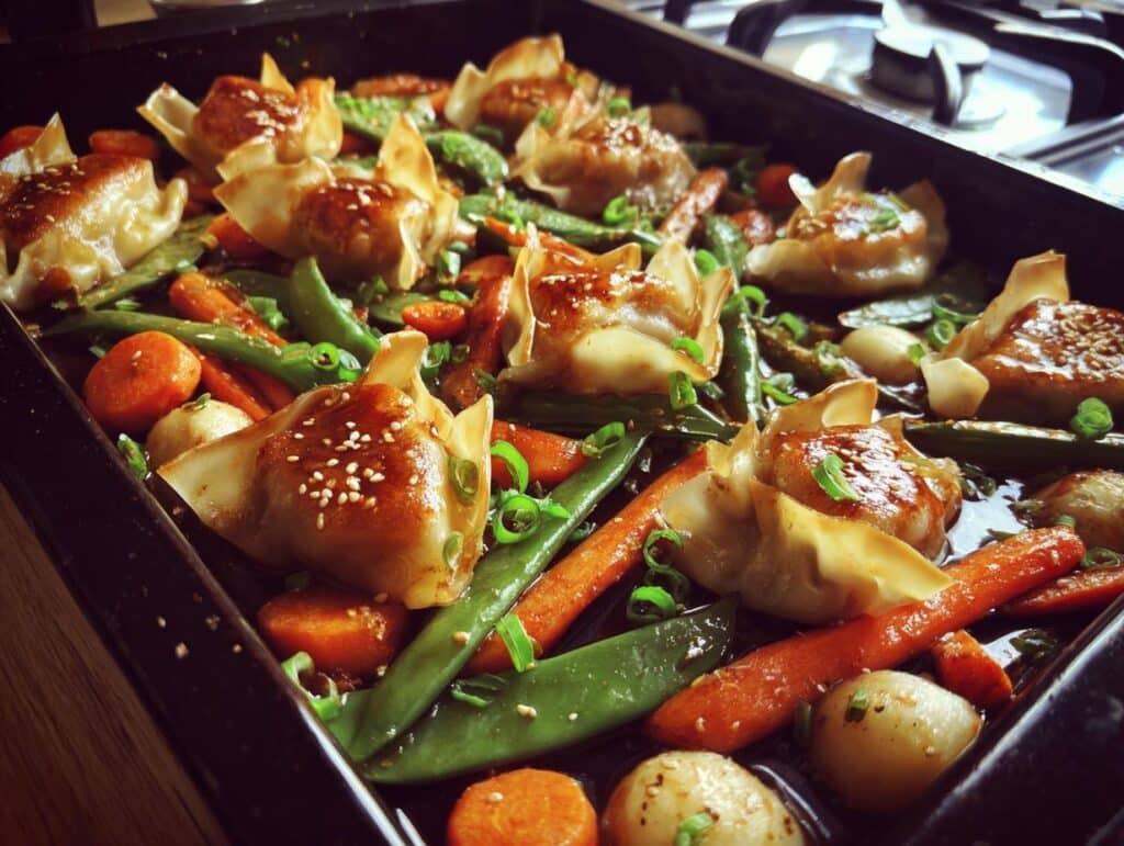 A freshly baked Dumpling Tray Bake with dumplings, carrots, snow peas, and spring onions.