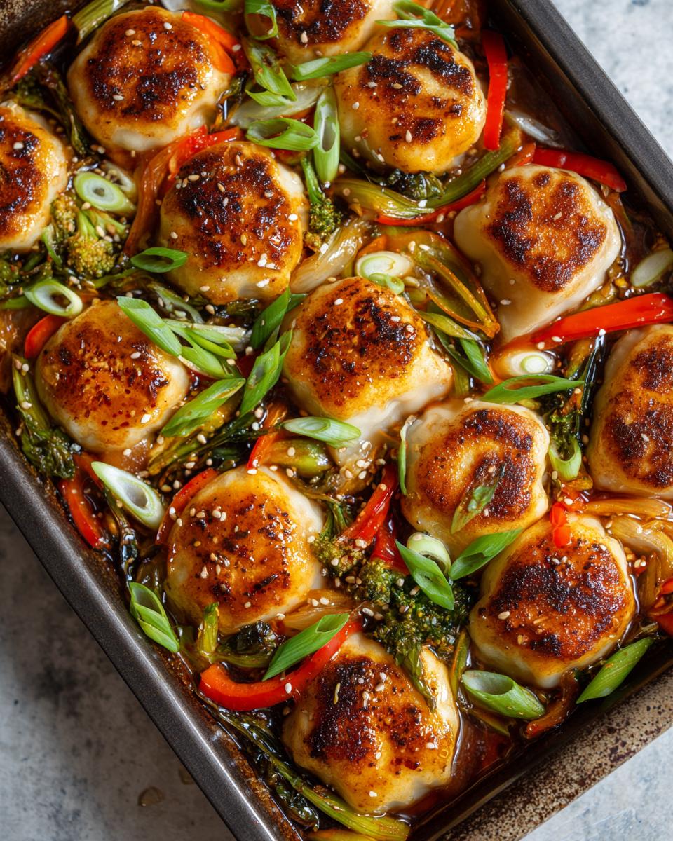 Overhead shot of a Dumpling Tray Bake with dumplings, broccoli, peppers, and green onions in a baking tray.