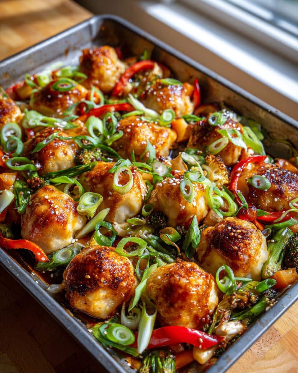 Overhead view of a freshly baked Dumpling Tray Bake with dumplings, vegetables, and sesame seeds.