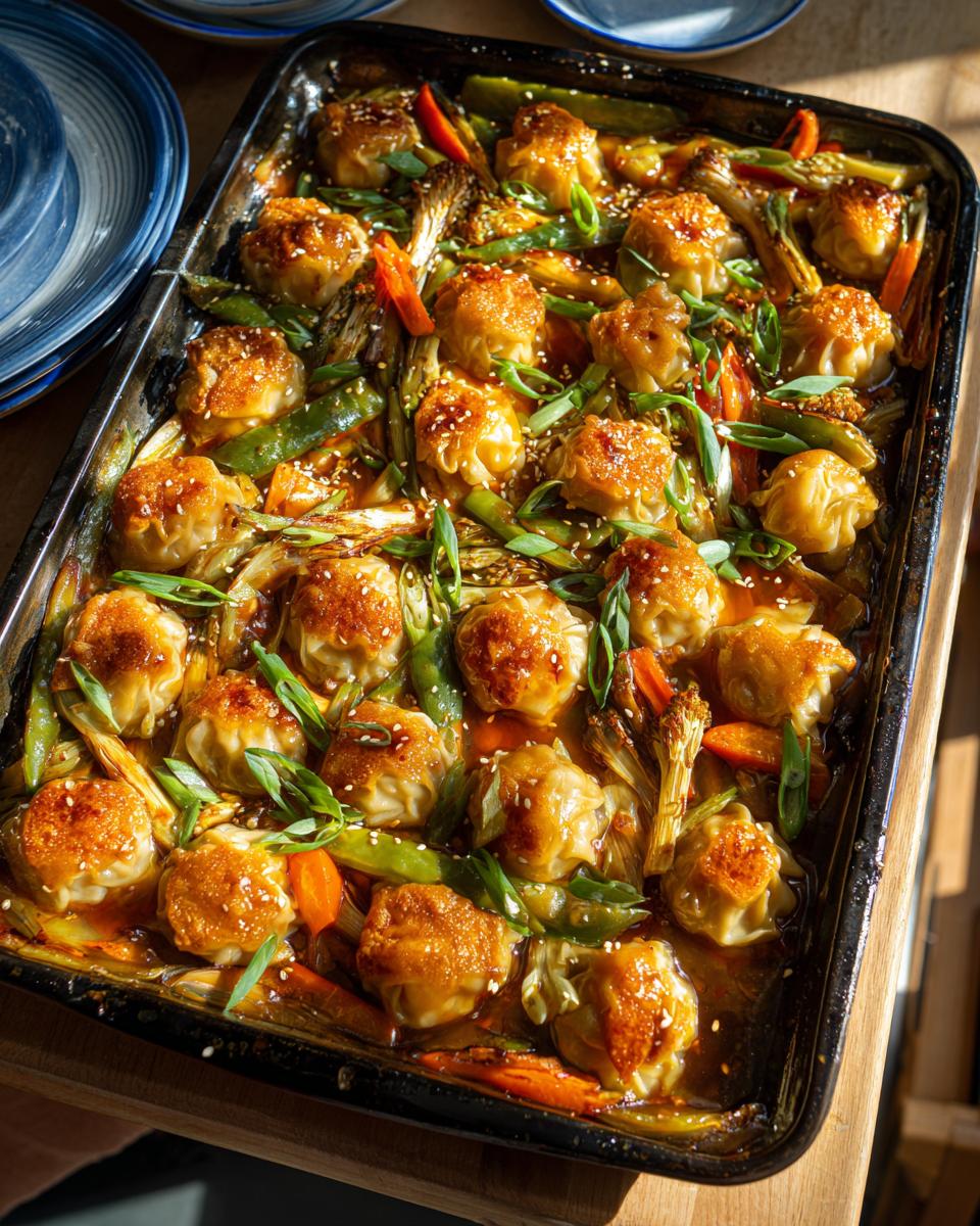 Overhead view of a freshly baked Dumpling Tray Bake with dumplings, carrots, and green onions.