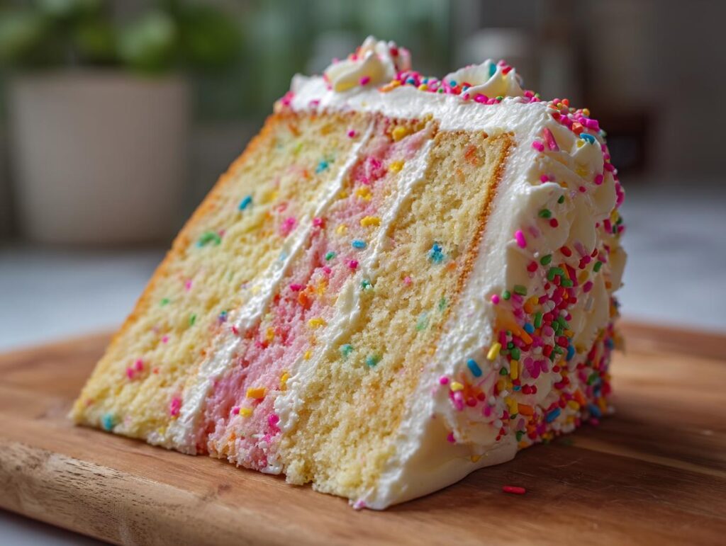 A slice of colorful birthday cake with white frosting and rainbow sprinkles, showcasing the cake layers.
