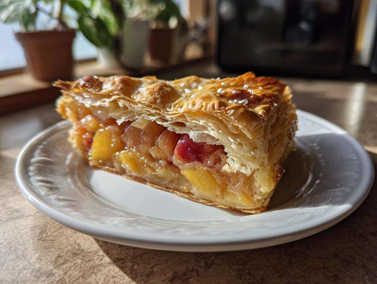 A slice of easy puff pastry dessert filled with fruit on a white plate, showcasing its flaky layers.