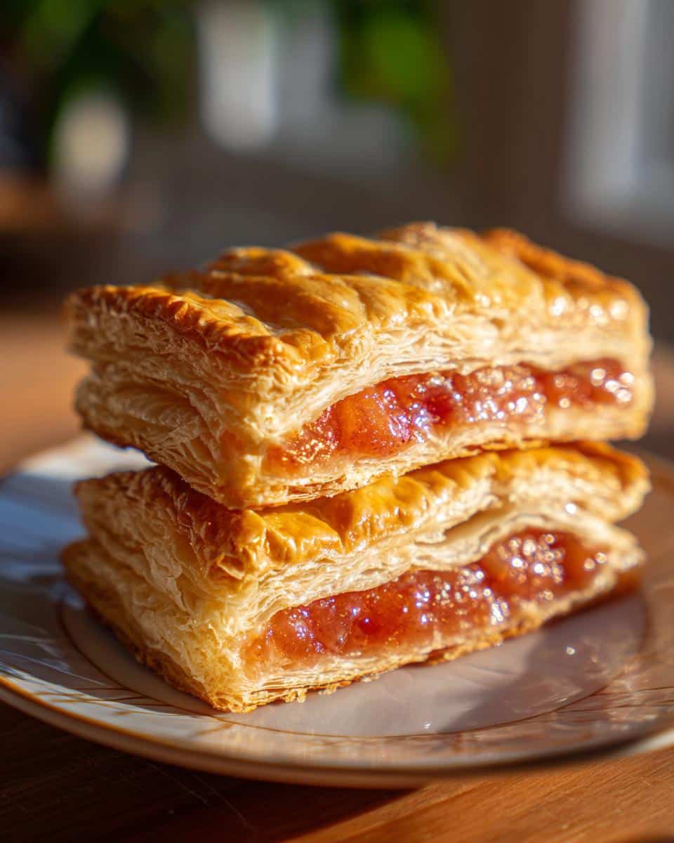 A stack of three easy puff pastry desserts filled with a fruit filling on a plate.
