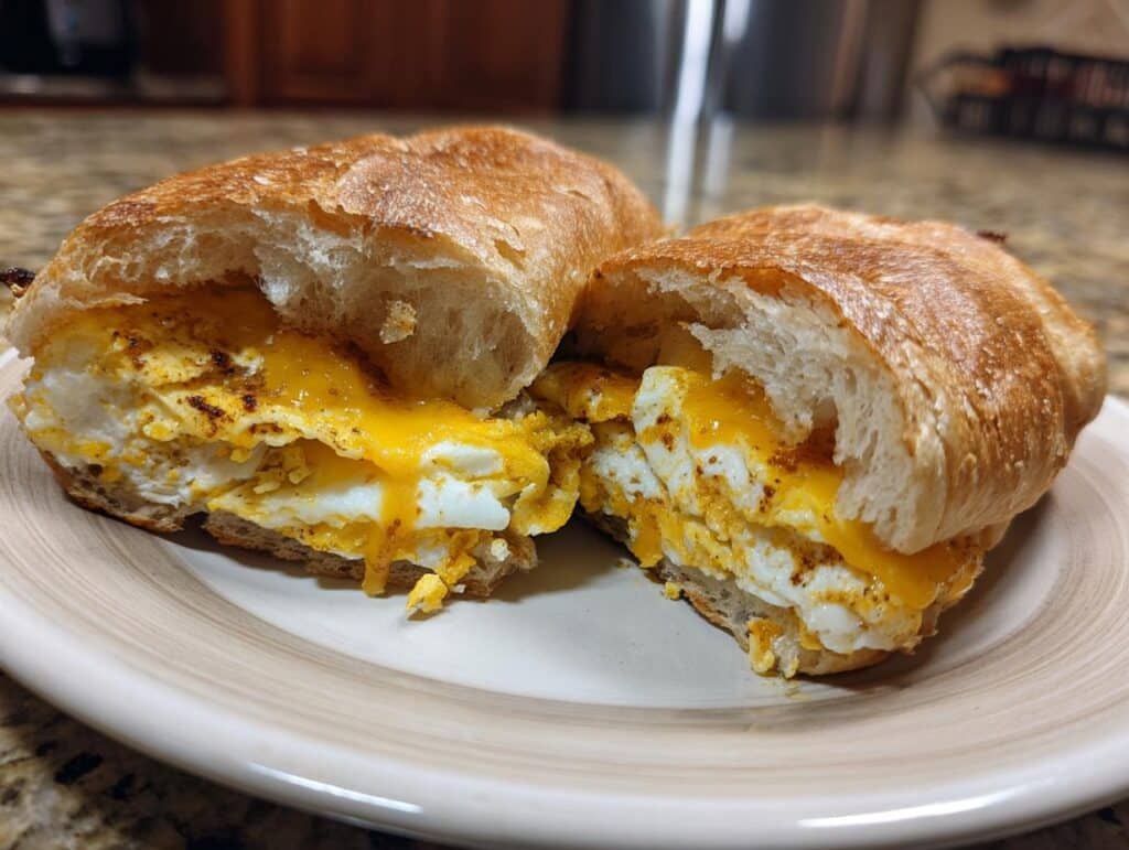 An Egg Sandwich Hack cut in half on a plate, showing the egg, cheese, and bread layers.